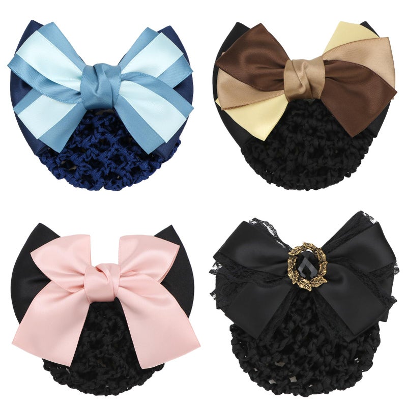 kilofly 4pc Women's Two-Way Snood Net Bow Barrette Hair Clip Bun Cover Set - Image 1